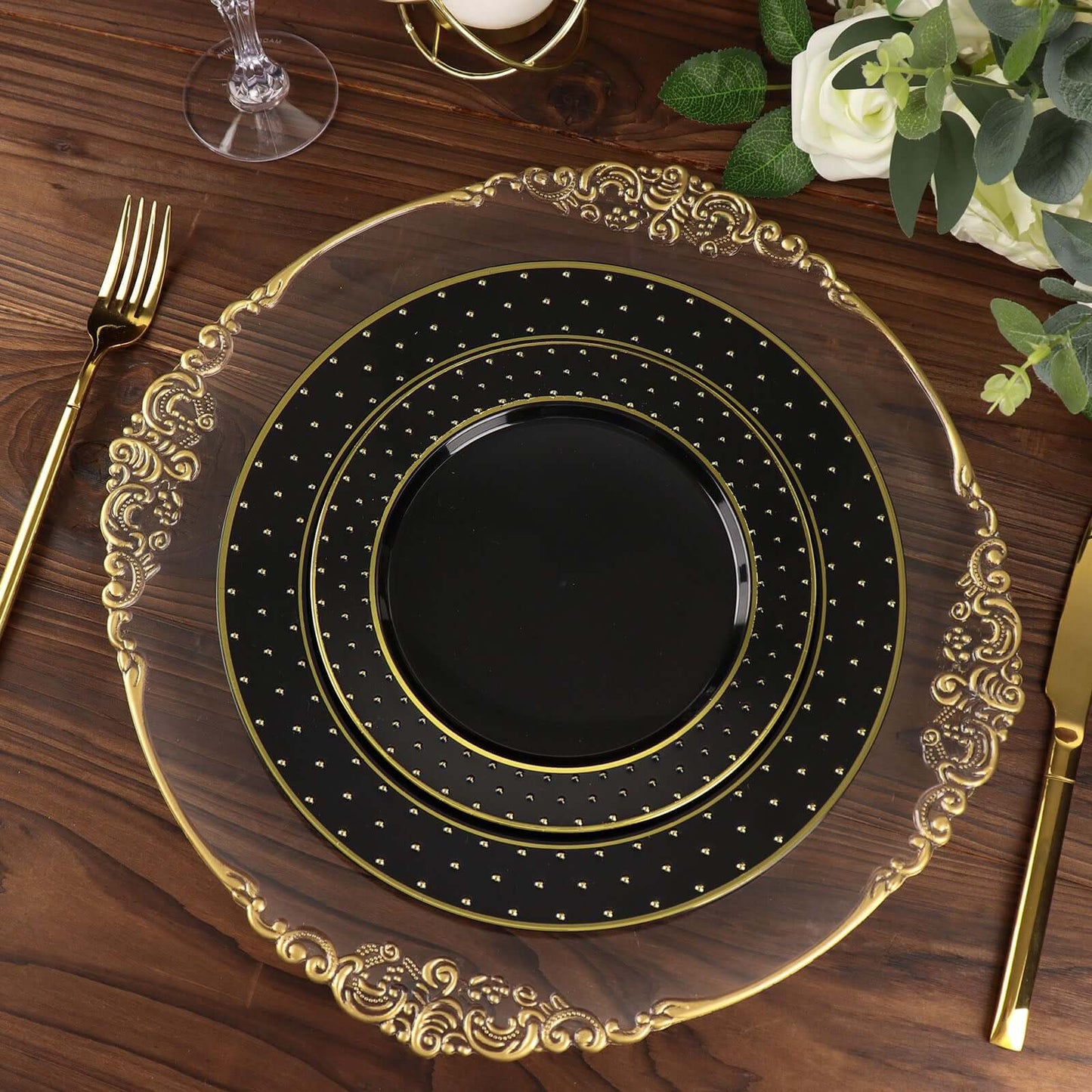 10-Pack Plastic 7.5" Round Dessert Plates in Black with Gold 3D Polka Dotted Rim - Durable Disposable Appetizer Salad Plates for Modern Themed Events & Banquets