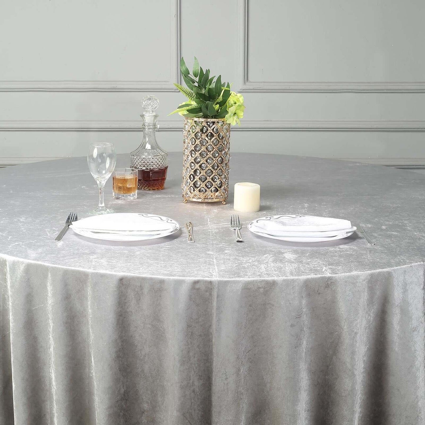 Premium Velvet 120" Round Tablecloth Silver - Reusable Soft & Seamless Table Cover