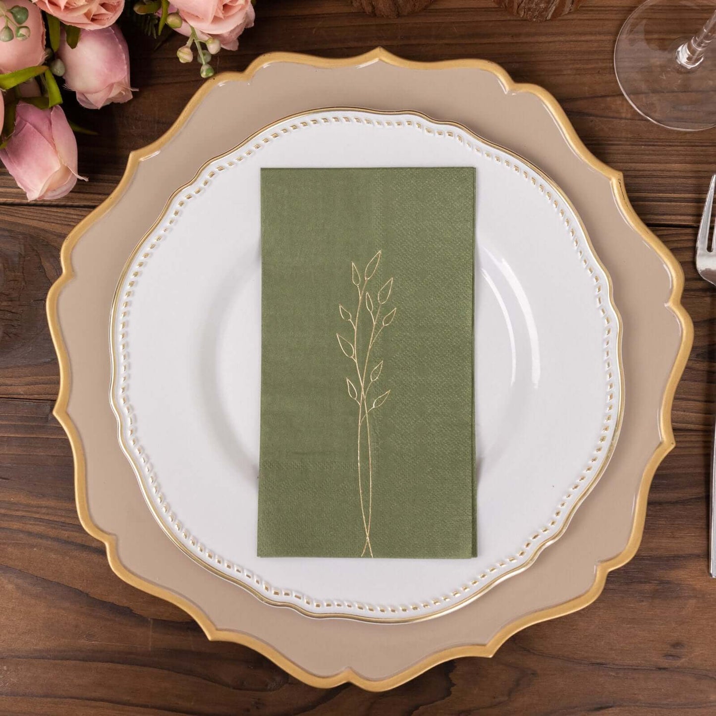 50-Pack Paper Dinner Napkins Dusty Sage Green with Gold Embossed Leaf - Stylish 2-Ply Disposable Napkins for Weddings 18GSM