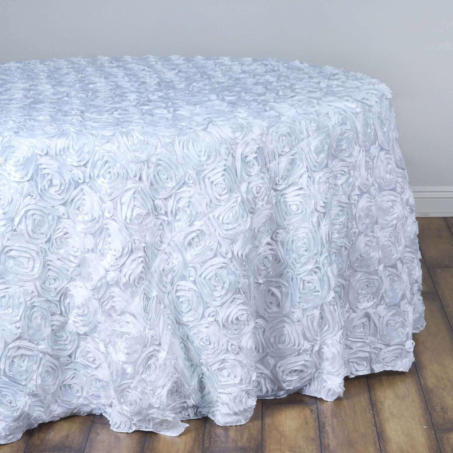 Satin 132" Round Tablecloth White - Grandiose 3D Rosette Design with Seamless Finish for Chic Occasions