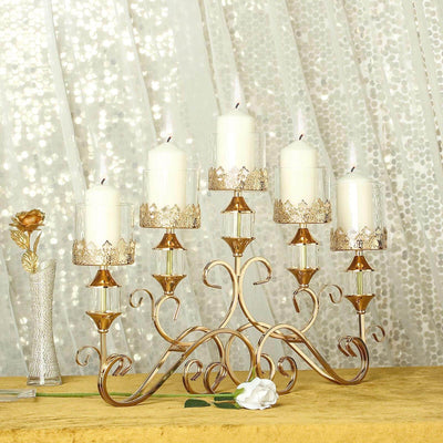 5-Arm Metal Table Candelabra Antique Gold Crown Top Design - Stylish Horizontal Table Centerpiece with Glass Votive Holders 18"