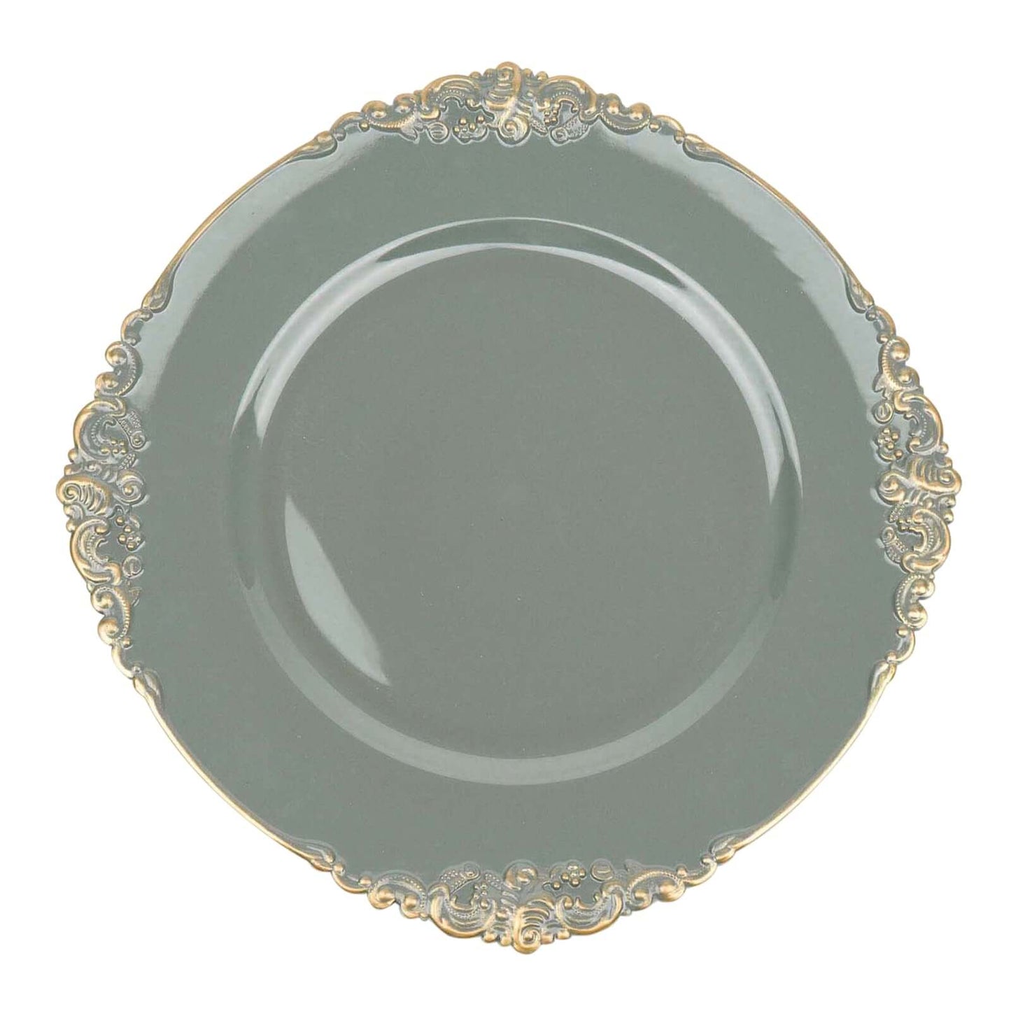 6-Pack Acrylic Round Charger Plates 13" in Olive Green with Gold Embossed Baroque Rim, Antique Decorative Dinner Party Charger Tableware