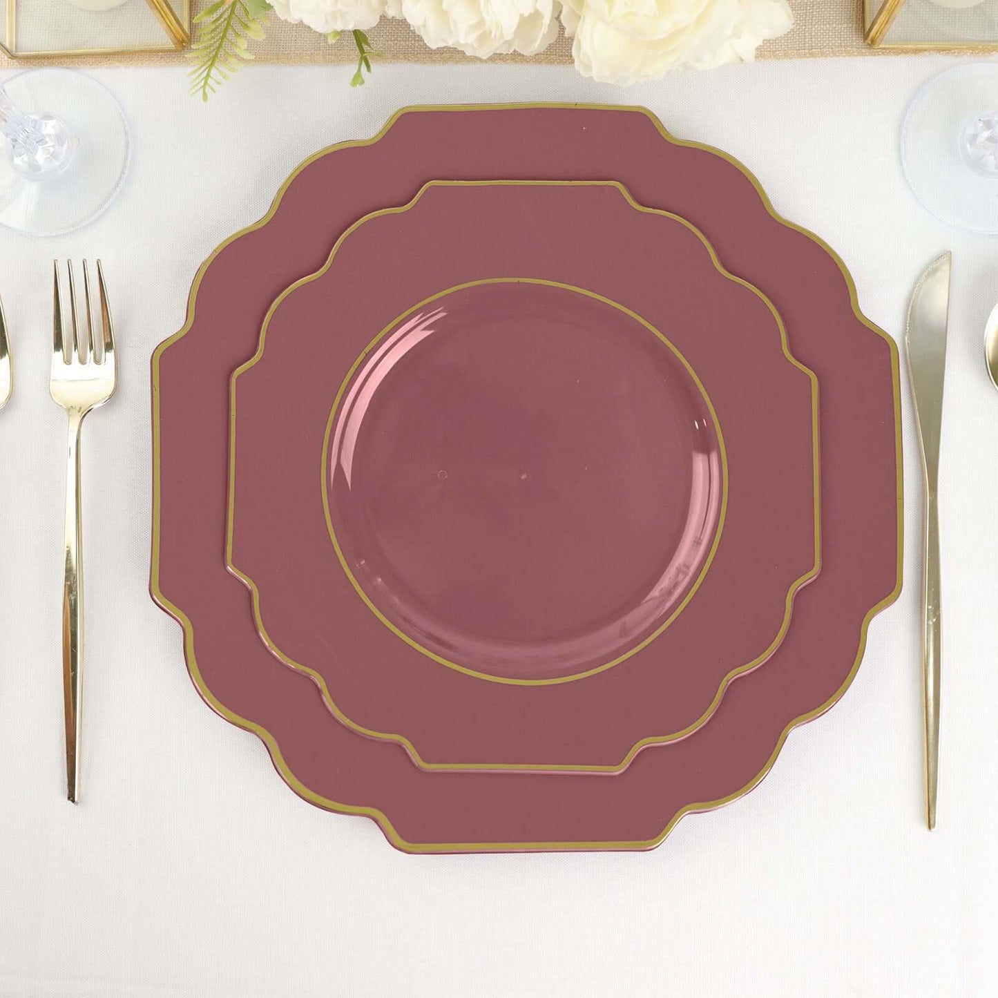 10-Pack Plastic Dessert Appetizer Plates in Cinnamon Rose Baroque Design with Scalloped Gold Rim - Heavy Duty Disposable Salad Plates 8"