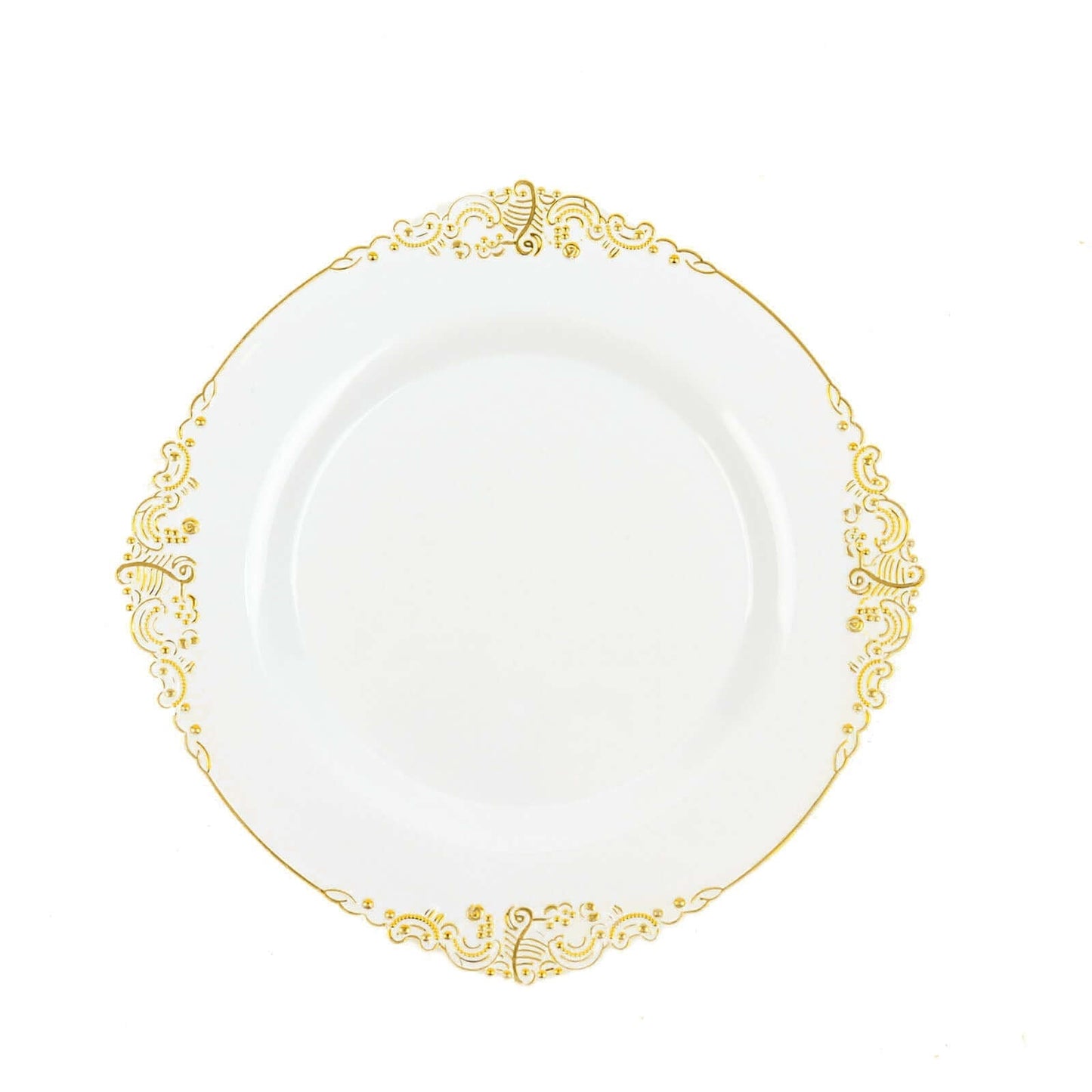 10-Pack Plastic 8" Round Dessert Plates in White with Gold Leaf Embossed Rim - Disposable Vintage Baroque Style Salad Plates for Luxurious Gatherings & Events