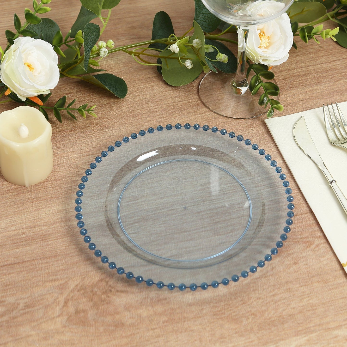 10-Pack Transparent Dusty Blue Plastic Dessert Plates â€“ 8" Round with Beaded Rim, Disposable for Parties & Events