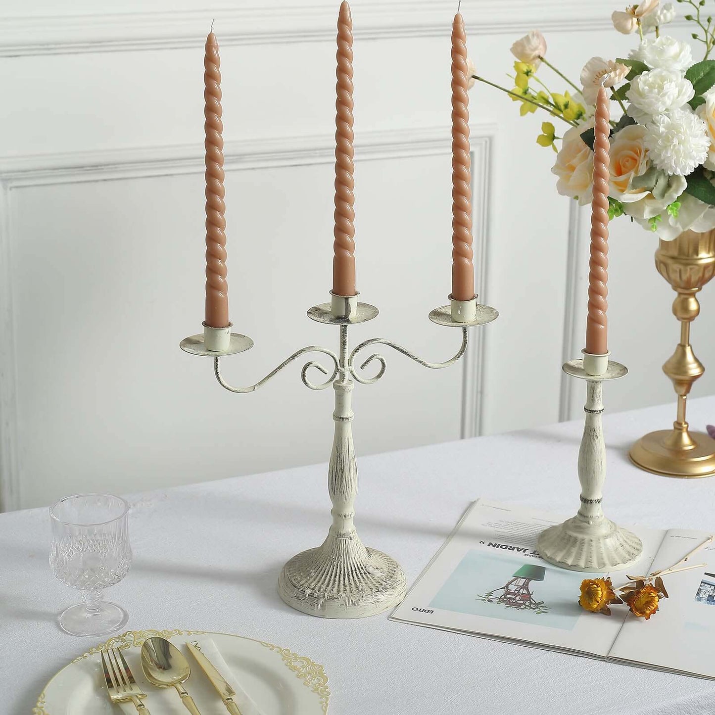 12-Pack Taper Candles Spiral Long Burn Wick Design Beige - Premium Unscented Wax Dinner Candle Sticks 11"