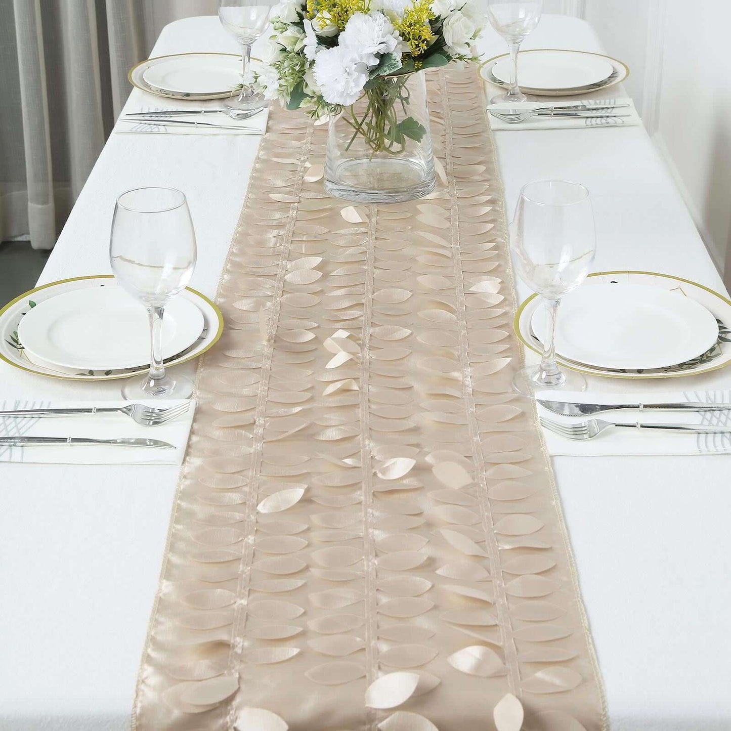 Taffeta Fabric 12"x108" Table Runner Beige - 3D Leaf Petal Design