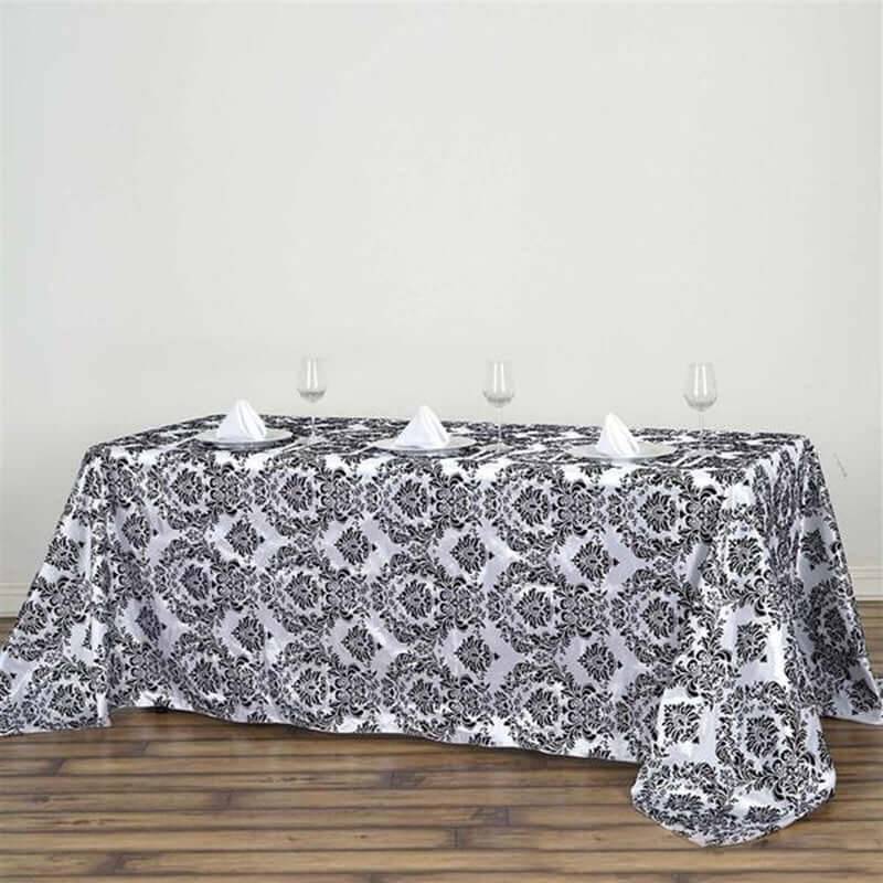 Taffeta 90"x132" Rectangle Tablecloth Black - Seamless Velvet Flocking Damask Design for Upscale Events