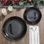 10-Pack Plastic 10" Round Dinner Plates in Black with Gold Rim - Glossy Disposable Party Plates