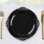 10-Pack Plastic 10" Round Dinner Plates in Black with Silver Leaf Embossed Rim - Disposable Vintage Baroque Style Plates