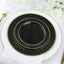10-Pack Plastic 10" Round Dinner Plates in Black with Gold 3D Polka Dotted Rim - Sturdy Disposable Party Plates for Modern Themed Events & Banquets