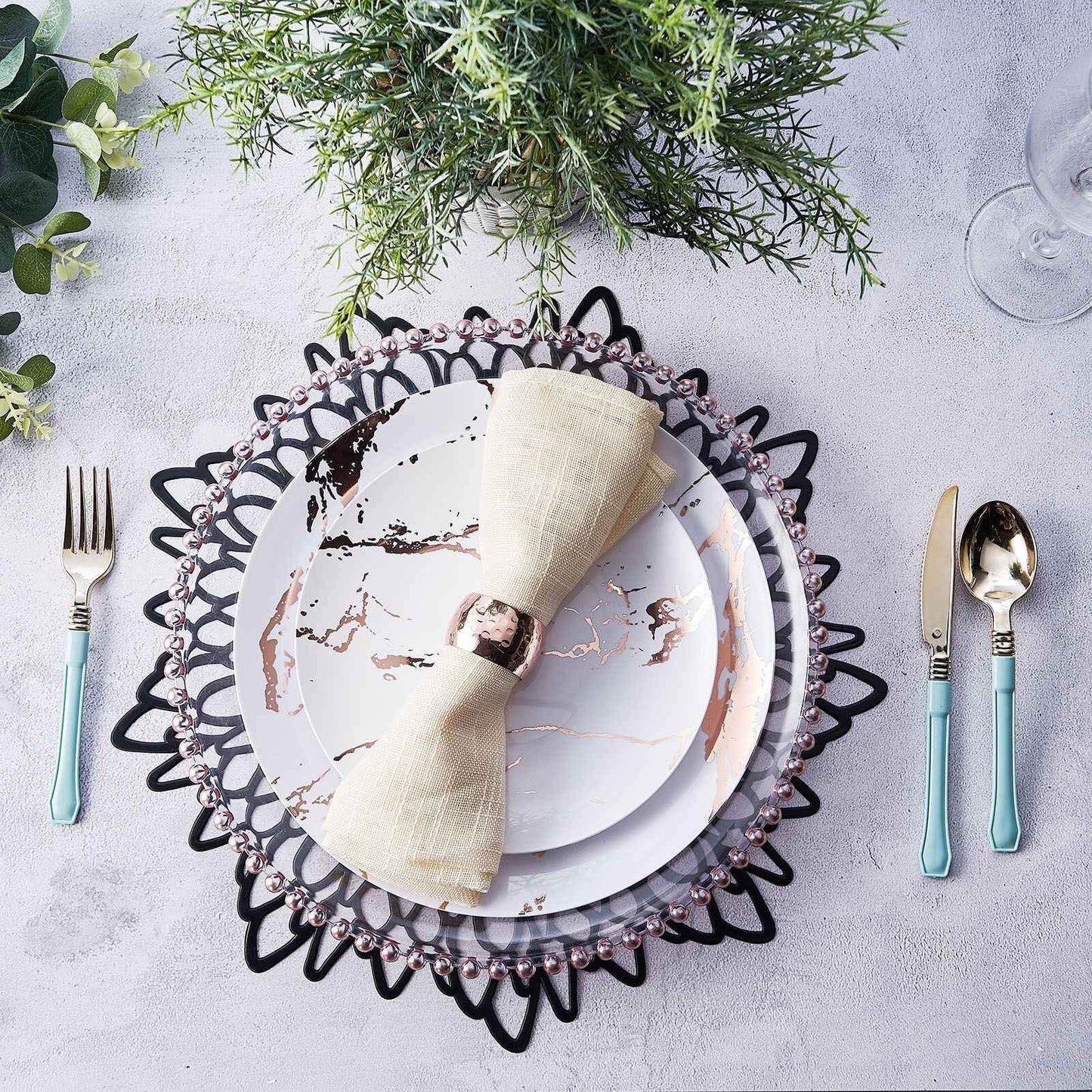 6-Pack Dining Table Mats Floral Design Black - Metallic Vinyl Round Non-Slip Mats for Tables 15"