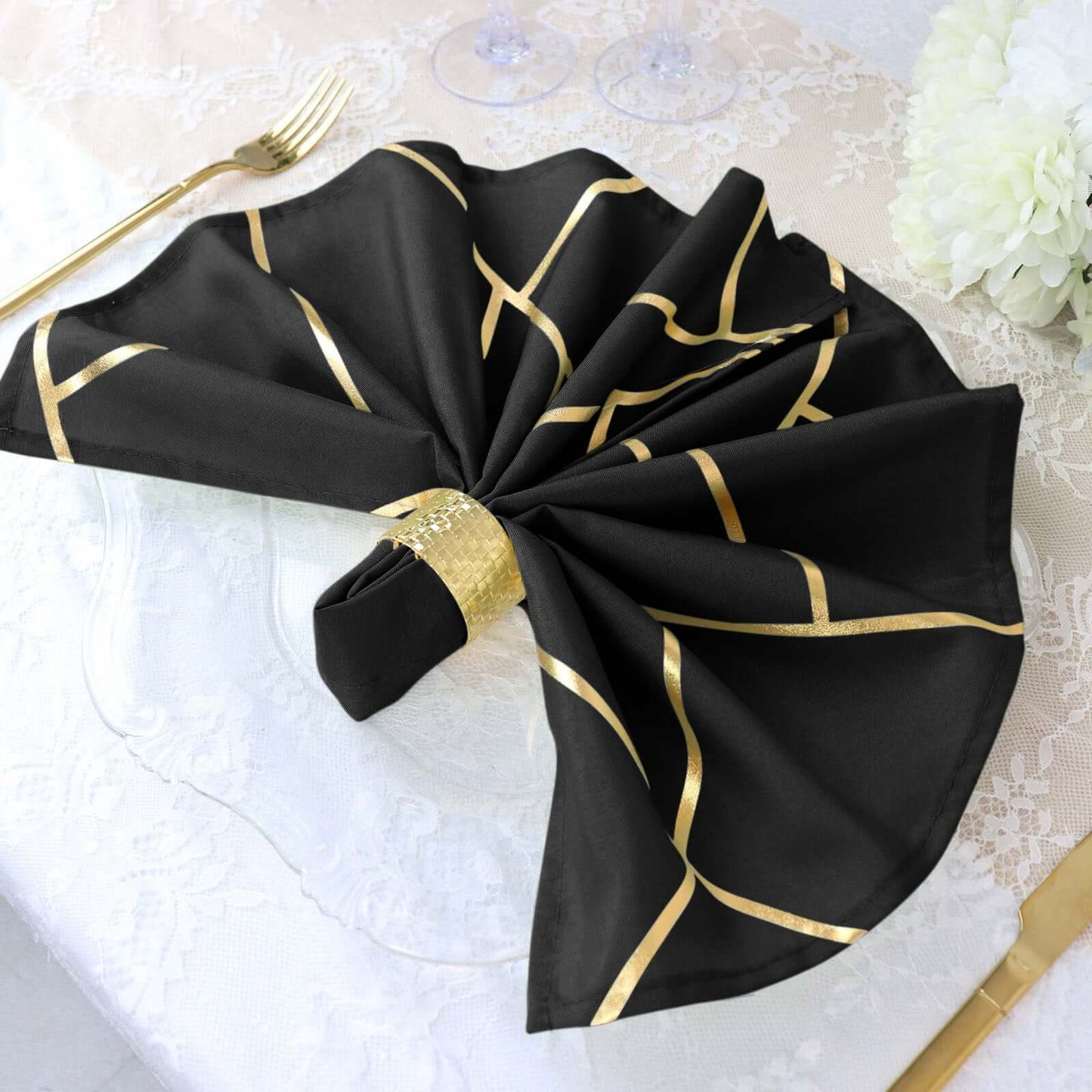 5 Pack Polyester 20"x20" Napkins Black with Gold Geometric Foil Pattern - Modern Reusable Dinner Napkins