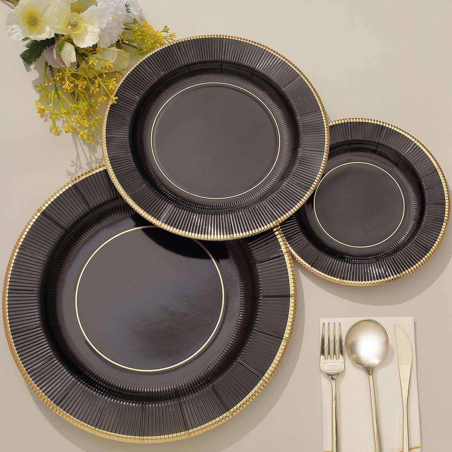 25-Pack Paper 8" Round Dessert Plates in Black Sunray Design with Gold Rim - Disposable Heavy Duty 350GSM Appetizer Salad Plates