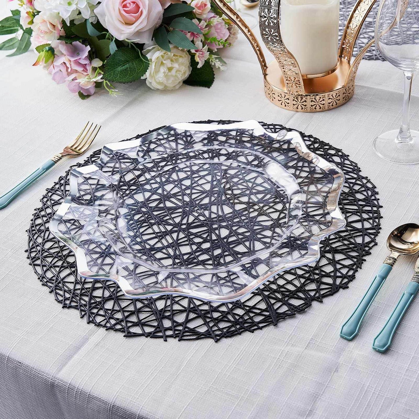 6-Pack Vinyl Placemats Black Woven Design - Durable Non-Slip Round Table Mats for Dining 15"