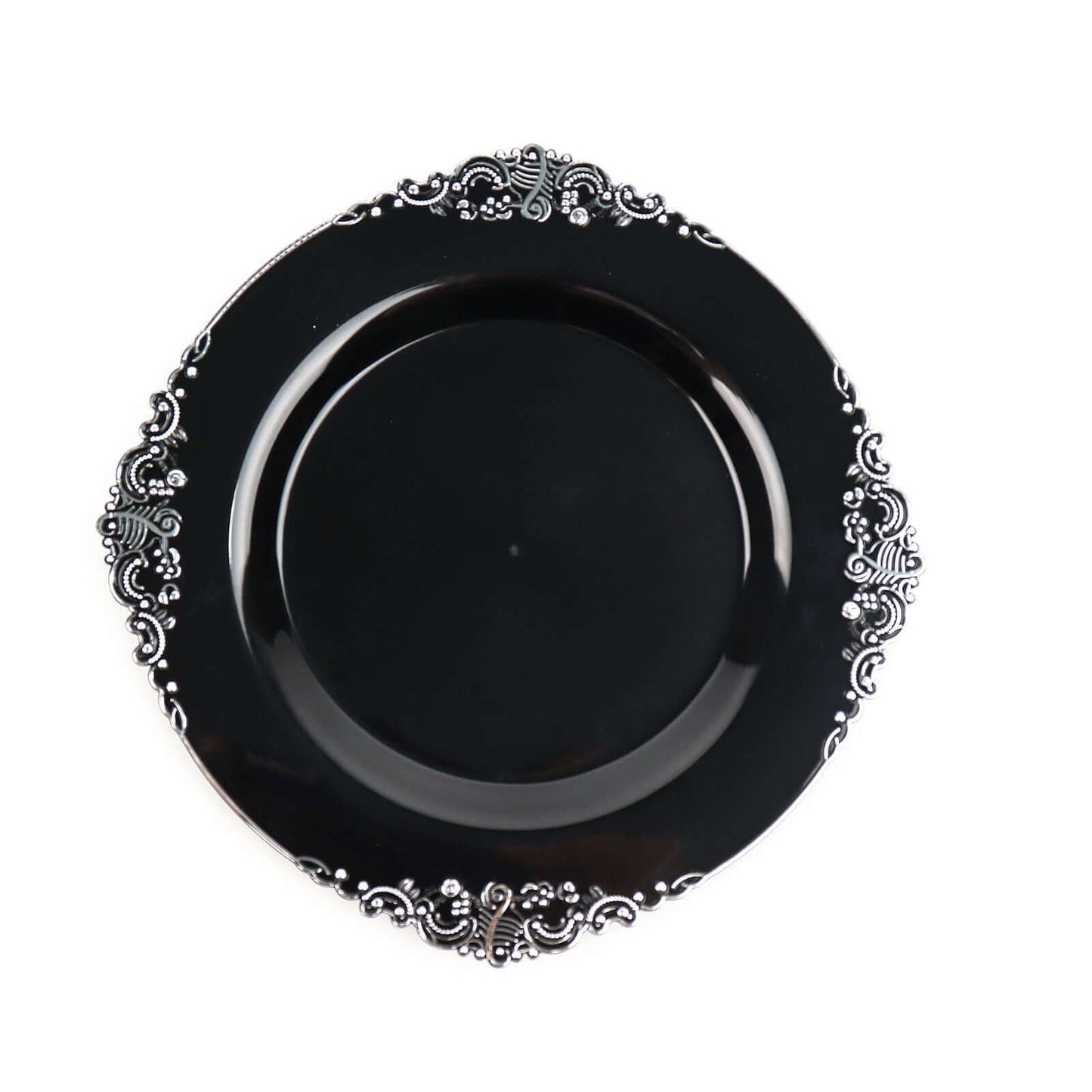 10-Pack Plastic 8" Round Dessert Plates in Black with Silver Leaf Embossed Rim - Disposable Vintage Baroque Style Salad Plates