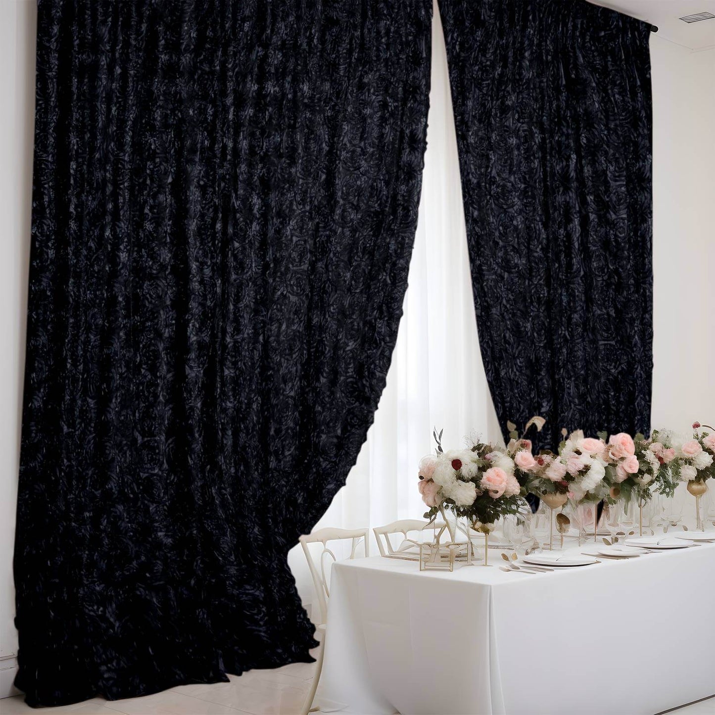8ftx8ft Black Satin Rosette Event Curtain Drapes, Backdrop Event Panel