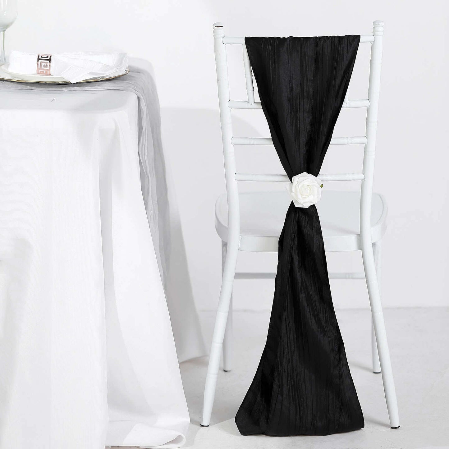 5 Pack Taffeta 6"x106" Chair Sashes Black Accordion Crinkle Texture - Stylish Decor for Weddings & Gatherings