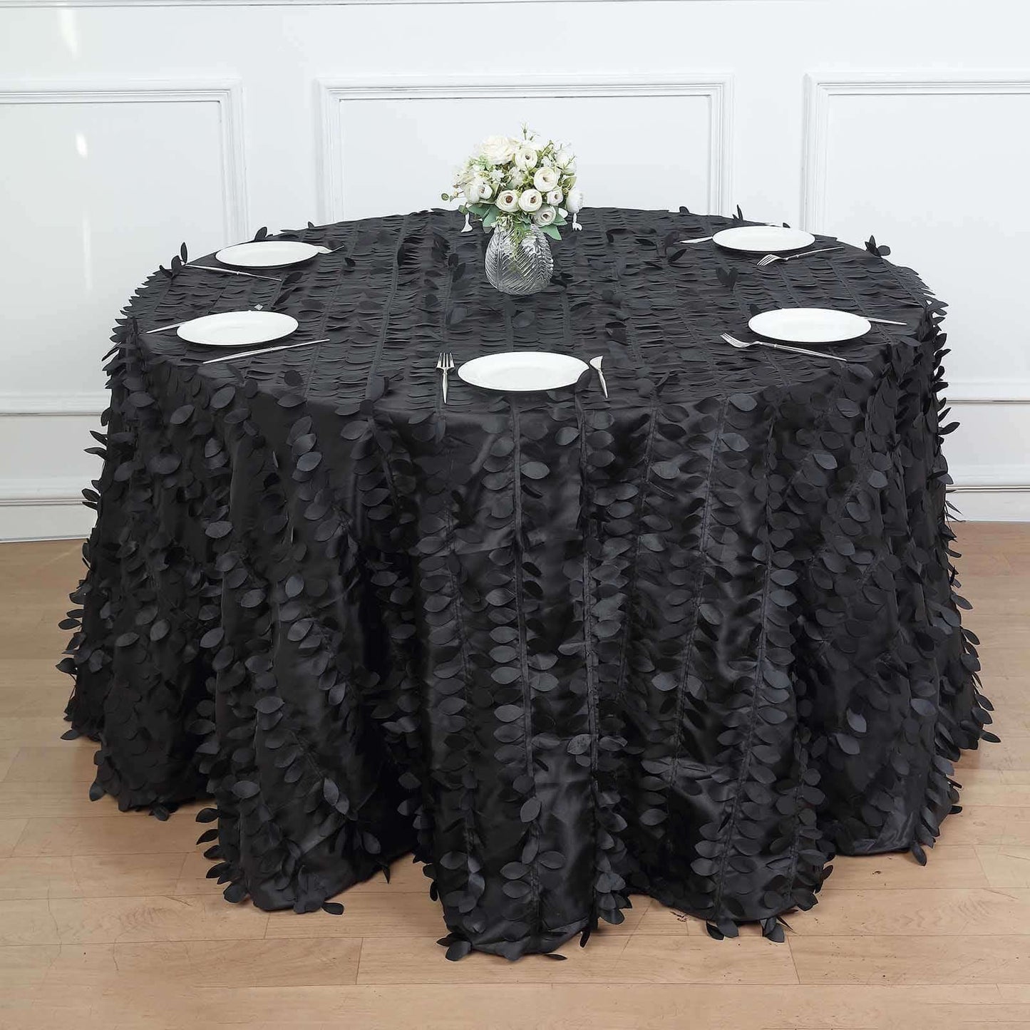 Taffeta 120" Round Tablecloth Black | 3D Leaf Petal Design Seamless Table Cover