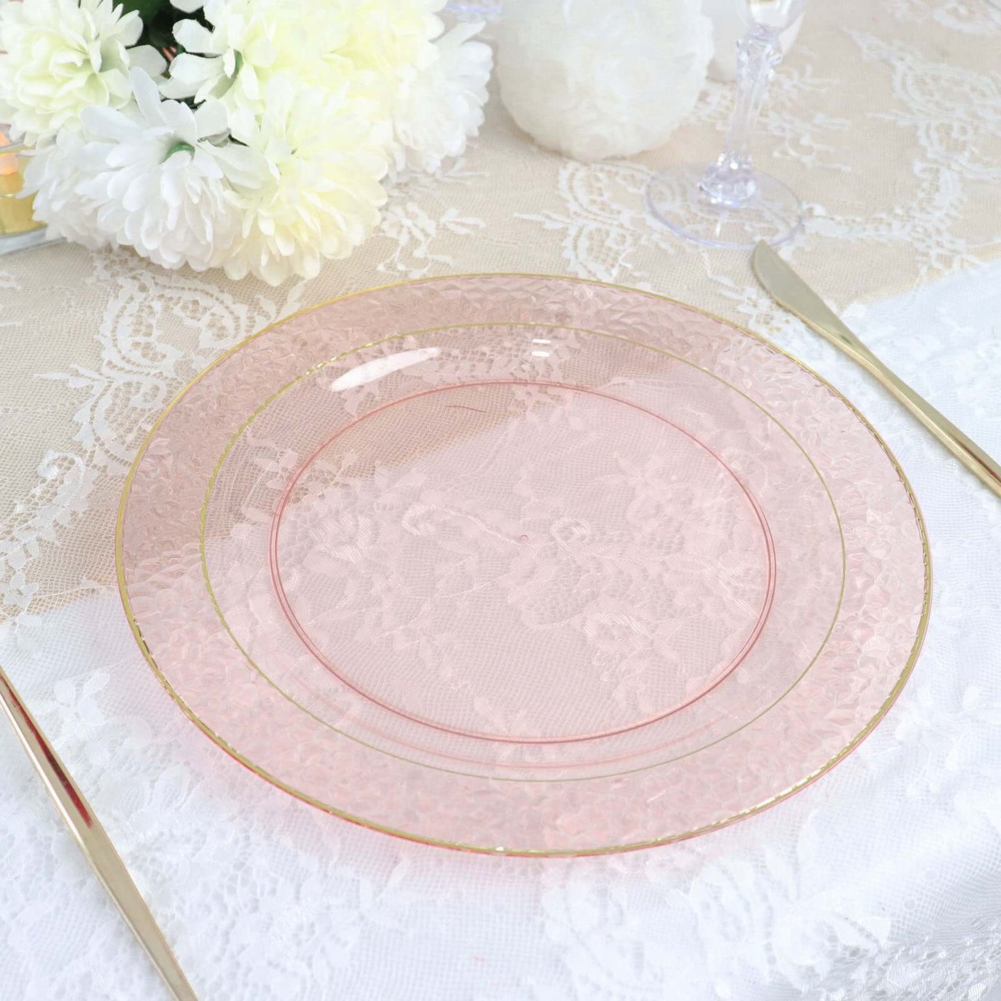 10-Pack Plastic 10" Round Dinner Plates in Blush Hammered Design with Gold Rim - Disposable Party Plates for Chic Banquets & Special Occasions