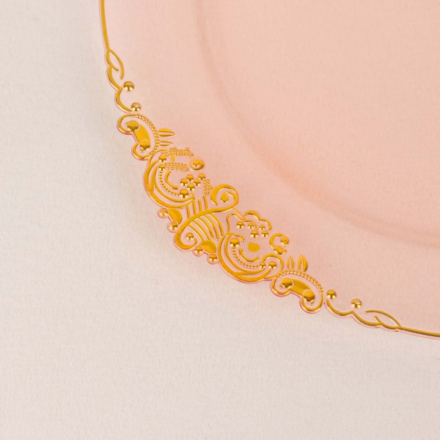10-Pack Plastic 8" Round Dessert Plates in Transparent Blush with Gold Leaf Embossed Rim - Disposable Vintage Baroque Style Salad Plates