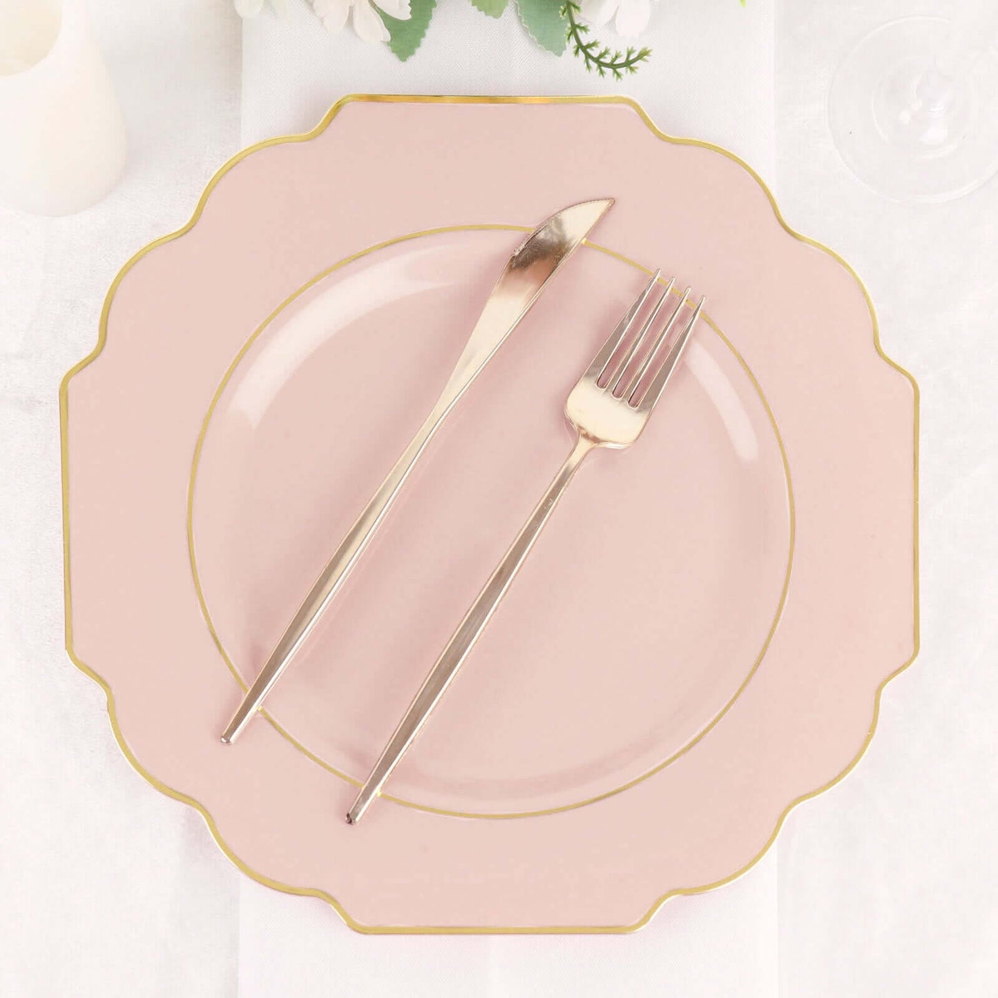 10-Pack Plastic Dinner Plates in Blush Baroque Design with Scalloped Gold Rim - Heavy Duty Disposable Party Plates 11"