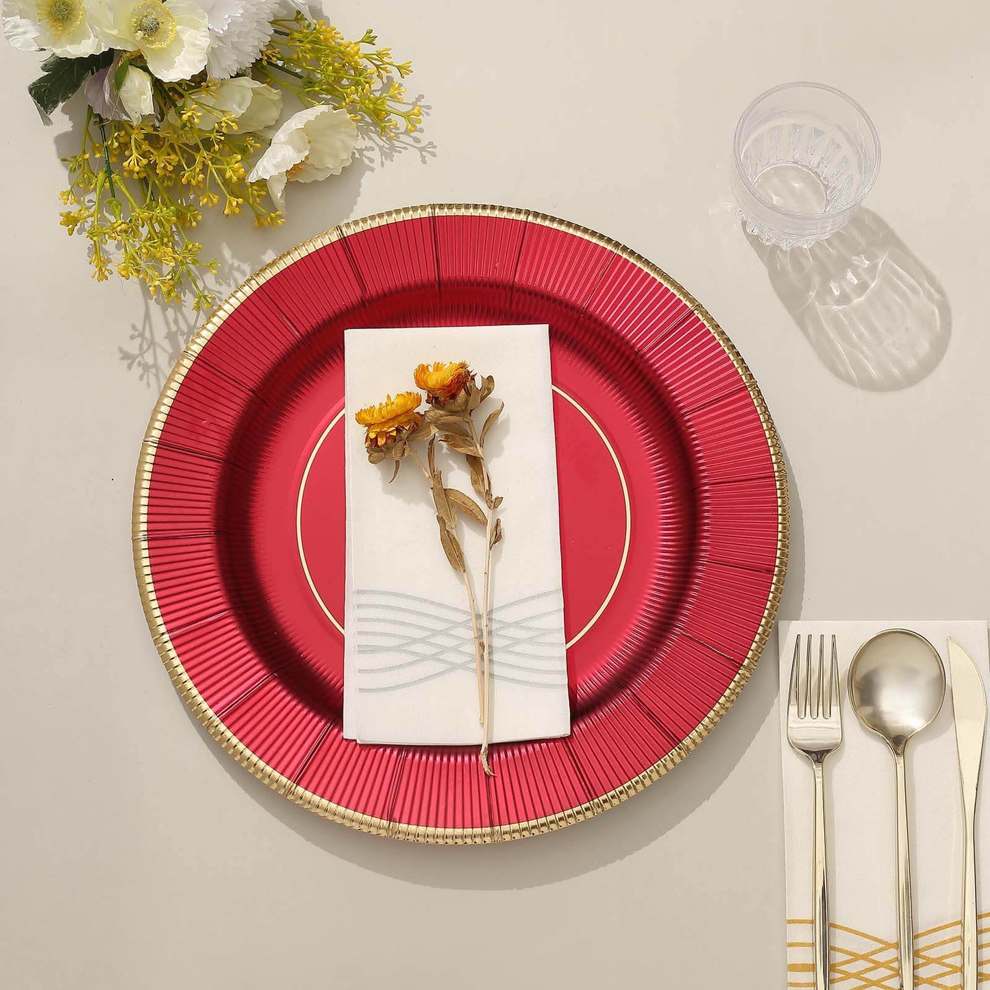 25-Pack Disposable Round Charger Plates in Burgundy Sunray Design with Gold Rim - 350GSM Heavy Duty Paper Chargers 13"