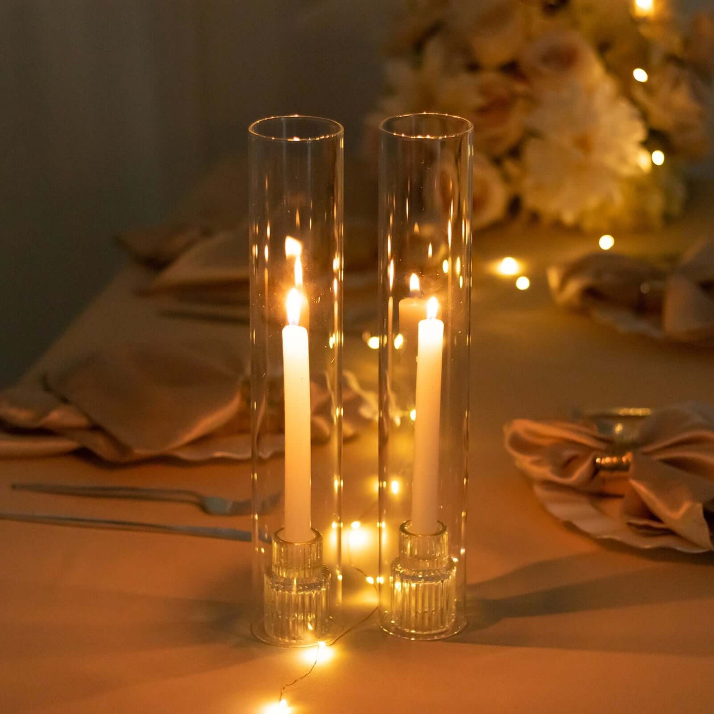 2-Pack Glass Pillar Hurricane Candle Shades - Clear Chimney Tube with 2.25" Wide Open Ends 14"