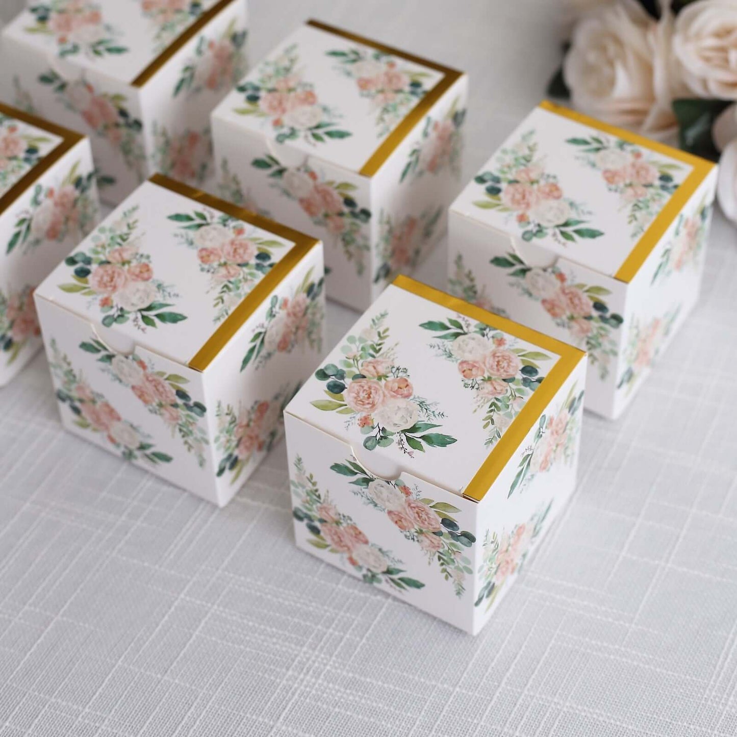 25 Pack White Pink Peony Flowers Print Paper Favor Boxes with Gold Edge, Cardstock Party Shower Candy Gift Boxes - 3"x3"x3"