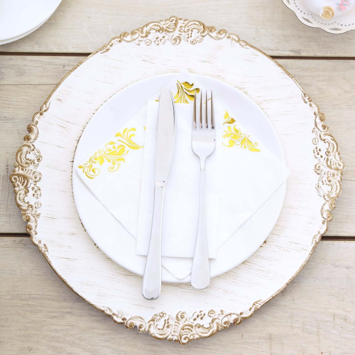 6-Pack Acrylic Round Charger Plates 13" in White Washed with Gold Embossed Baroque Rim, Antique Decorative Dinner Party Charger Tableware