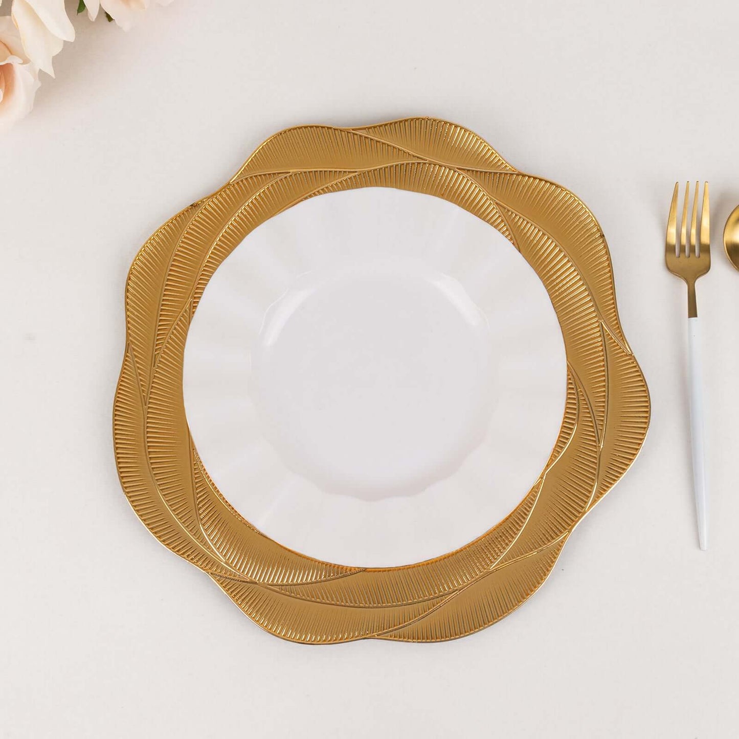 6-Pack Acrylic Round Charger Plates 13" in Metallic Gold with Ribbed Rose Pattern, Event Tabletop Decorative Charger Tableware