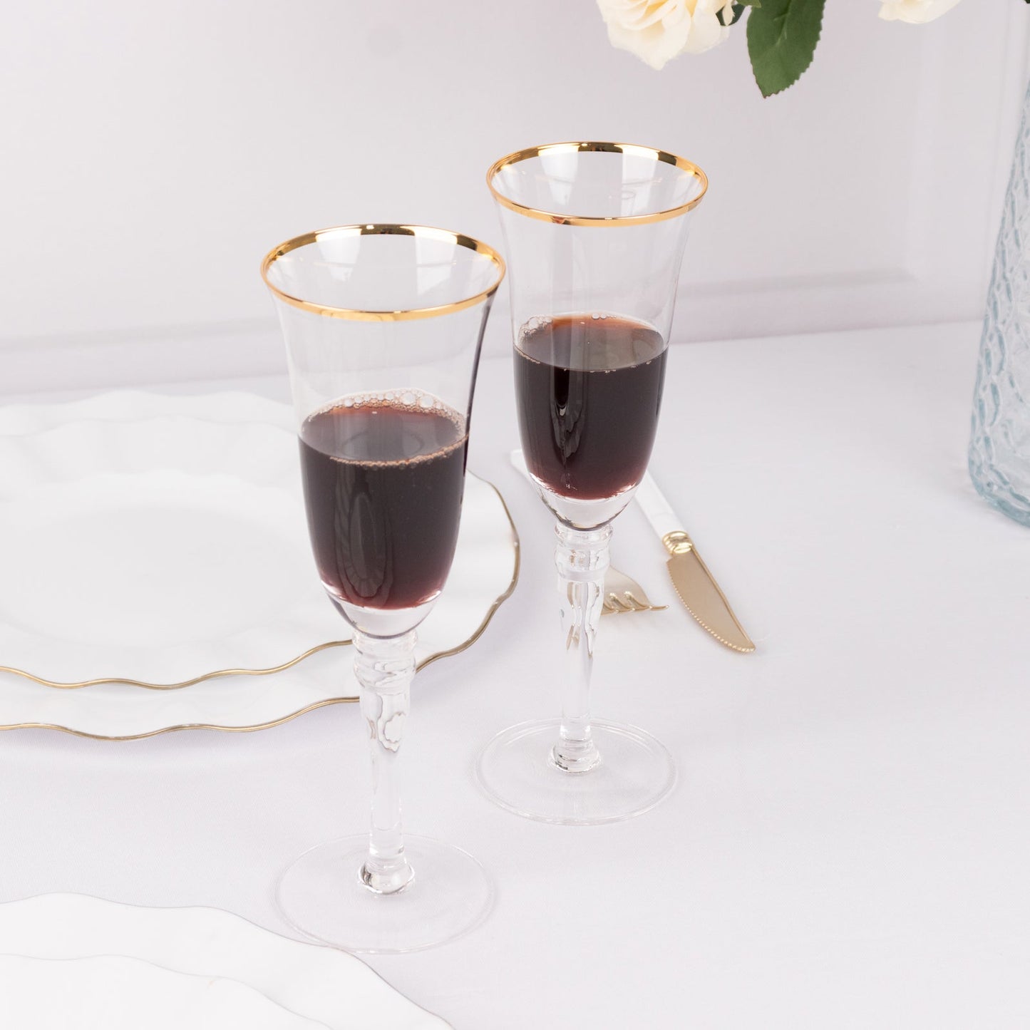 6-Pack Champagne Flute Glasses Clear Gold Rimmed Design with Long Beaded Stem - Chic Crystal Glassware for Wine & Events 6oz 8.5"