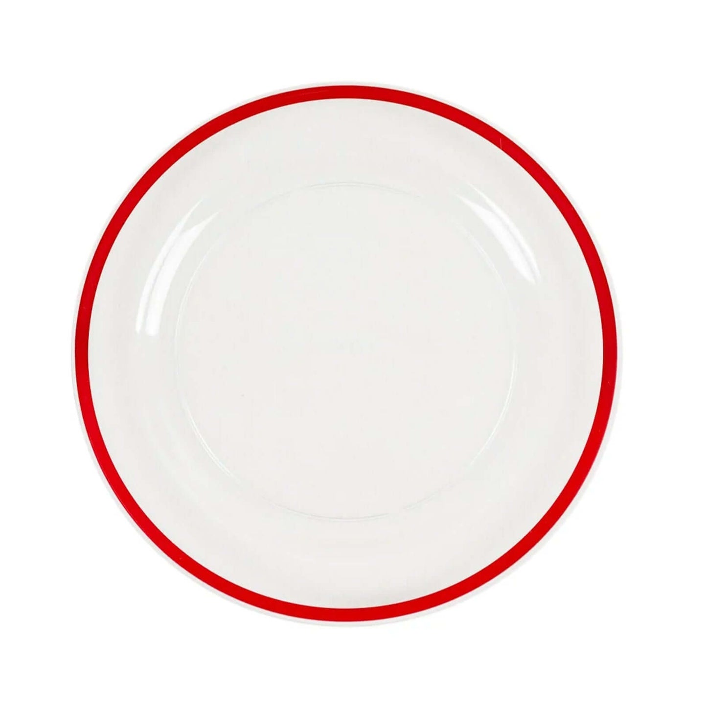 10-Pack Plastic 7" Round Appetizer Plates in Clear with Red Rim - Sleek Disposable Salad Plates for Banquets & Special Occasions