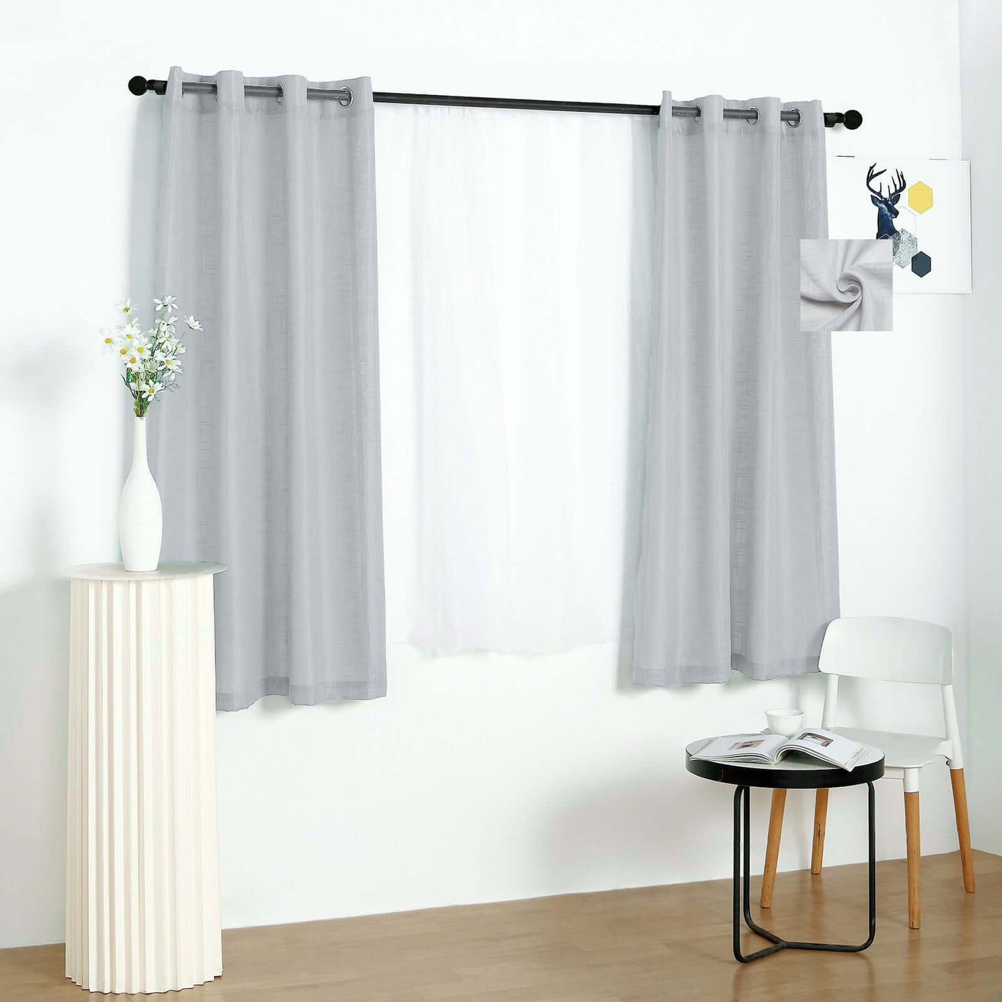 2 Pack Handmade Silver Faux Linen Curtains 52"x64", Curtain Panels With Chrome Grommets