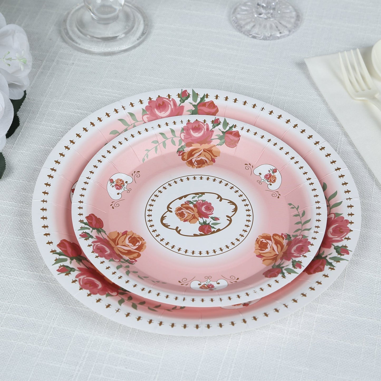 25-Pack Paper 7" Round Dessert Plates in Dusty Rose with Vintage Rose Flower Print - Disposable Appetizer Salad Plates