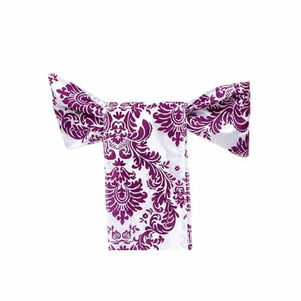 5 Pack Taffeta Damask Chair Sashes White with Eggplant Flocking Design 6"x108"