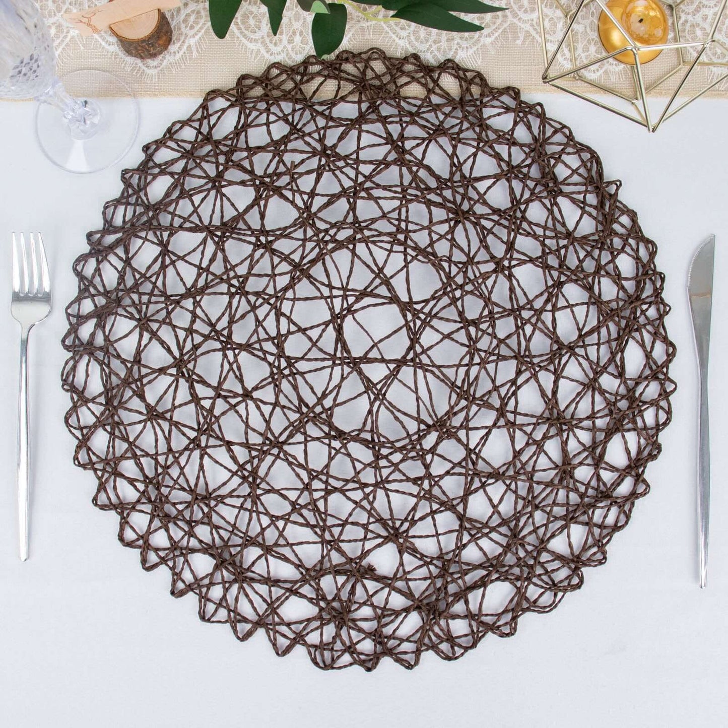 6-Pack Table Placemats Woven Fiber Design Dark Brown Round - Disposable Mats for Dining and Events 15"