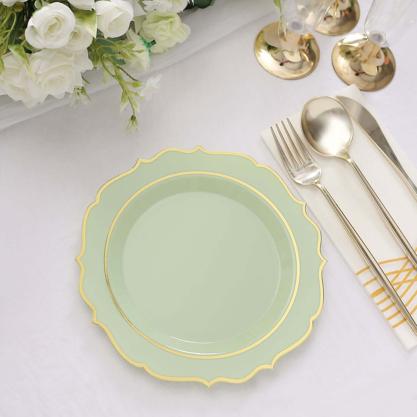 10-Pack Plastic 8" Round Dessert Plates in Sage Green with Gold Scalloped Rim - Disposable Appetizer/Salad Plates