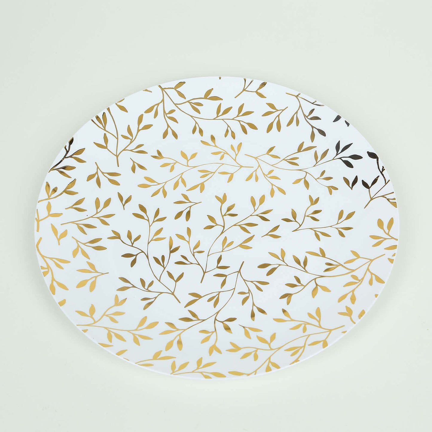 10-Pack Plastic 10" Round Dinner Plates in White with Gold Leaf Design - Heavy Duty Disposable Party Plates for Stylish Events & Memorable Gatherings