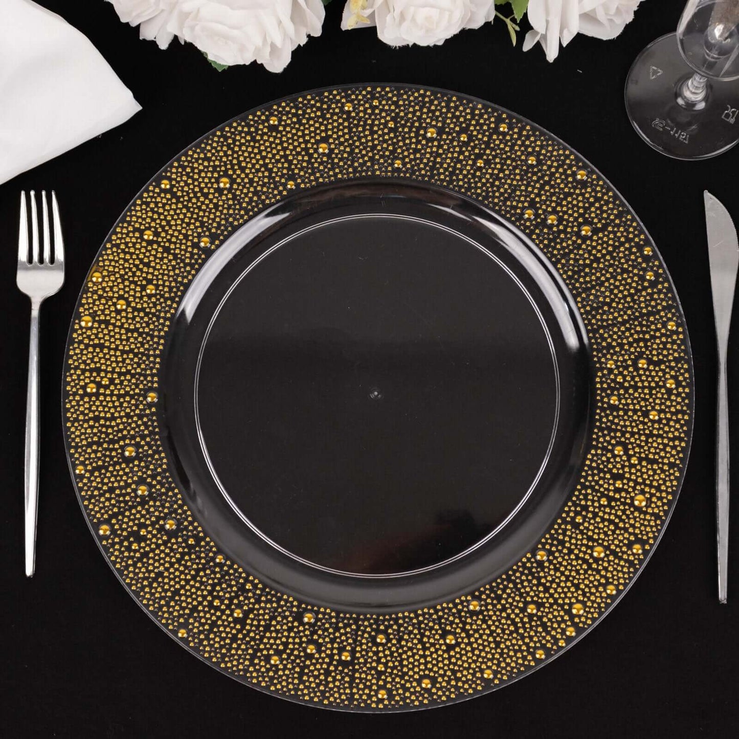 6-Pack Plastic Round Charger Plates 13" in Clear with Gold Pearl Beaded Rim, Upscale Dinner Serving Plates