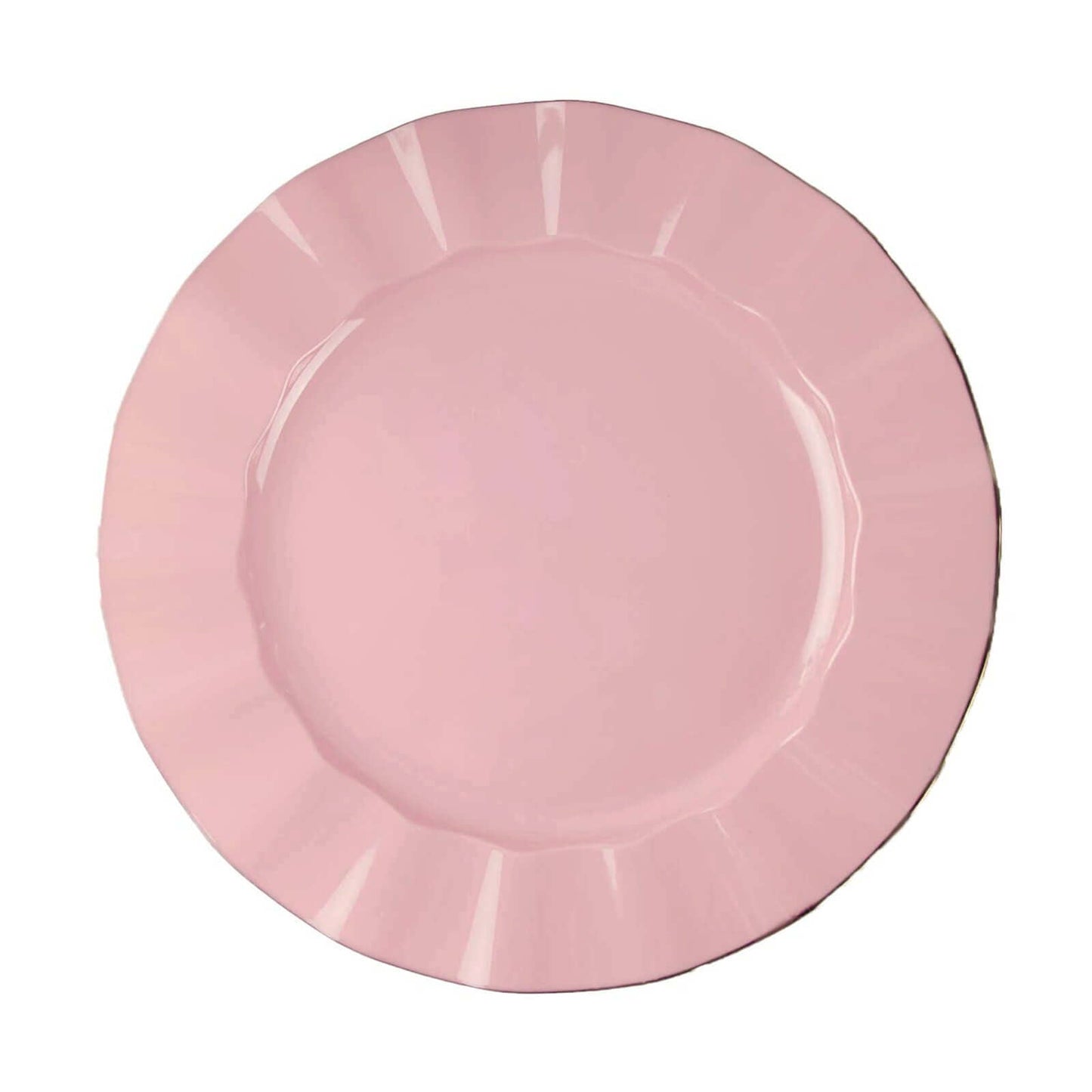 10-Pack Plastic 11" Round Dinner Plates in Dusty Rose Ruffled Rim with Gold Edging - Sturdy Disposable Dinnerware