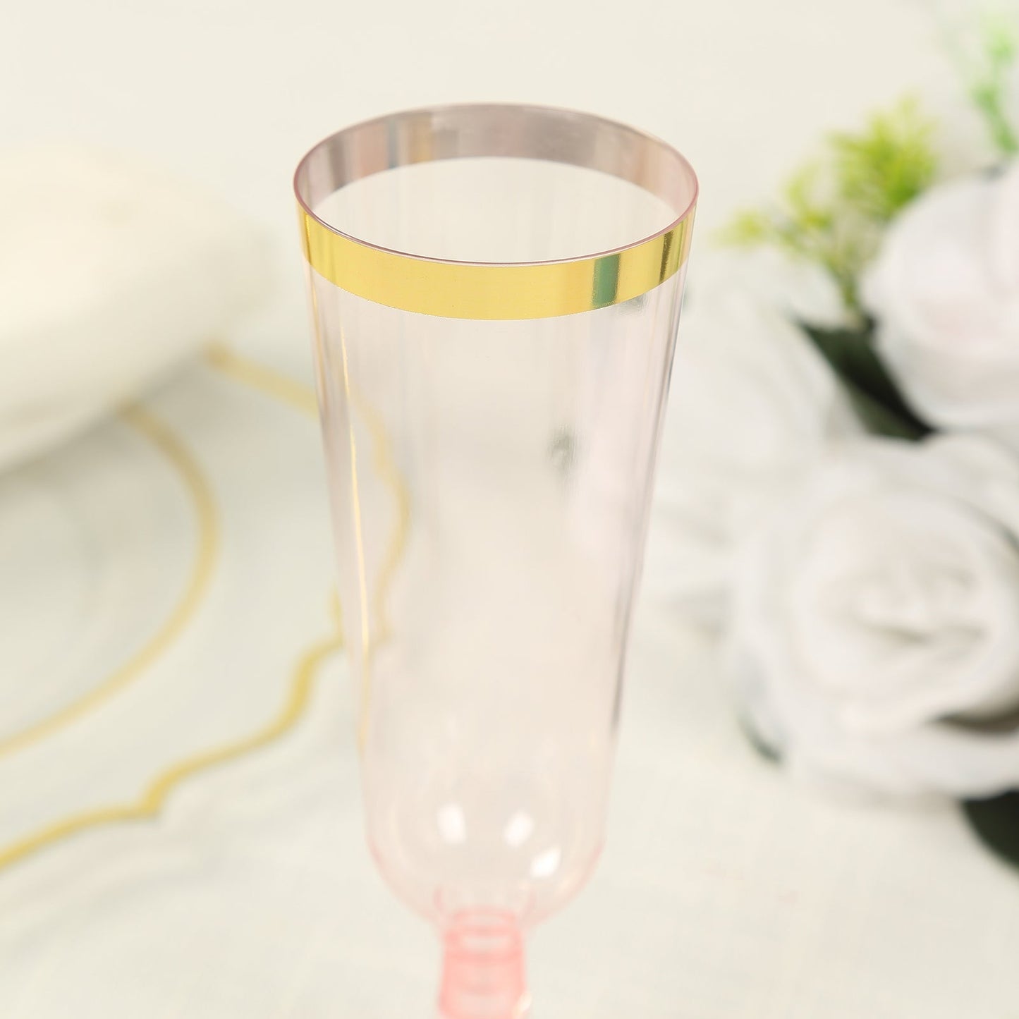 12-Pack Plastic Champagne Flutes Transparent Blush with Gold Rim - Stylish Disposable Cocktail Glasses for Parties 5oz 6"