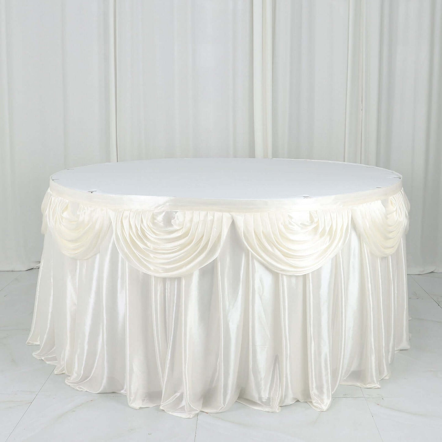 Satin 14ft Table Skirt Ivory - Pleated Double Drape Table Cover