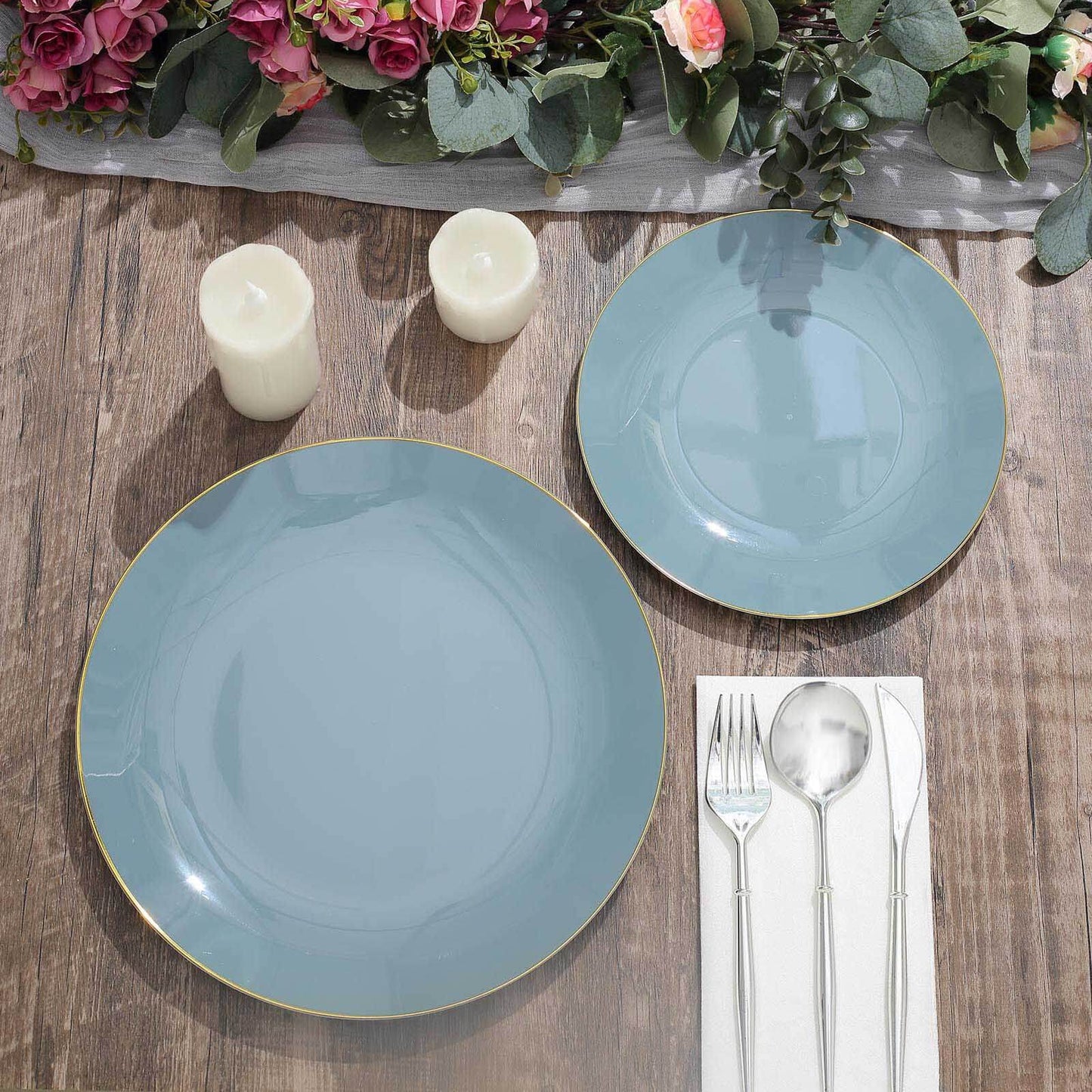10-Pack Plastic 8" Round Dessert Plates in Dusty Blue with Gold Rim - Glossy Disposable Appetizer Salad Plates