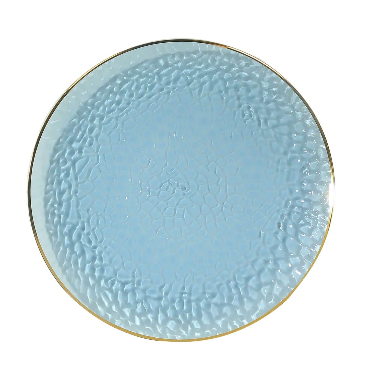 10 Pack Economy Plastic Round Charger Plates 13" in Transparent Dusty Blue Hammered Design with Gold Rim, Decorative Dinner Party Serving Plates