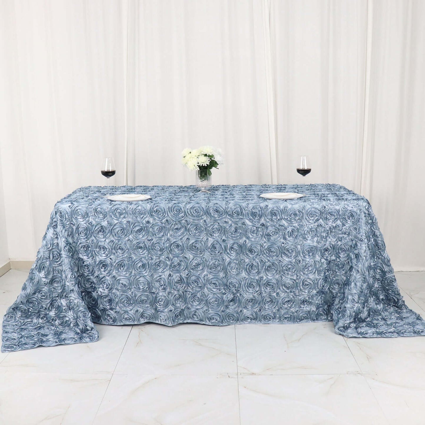 Satin 90"x132" Rectangle Tablecloth Dusty Blue - Grandiose 3D Rosette Seamless Table Cover