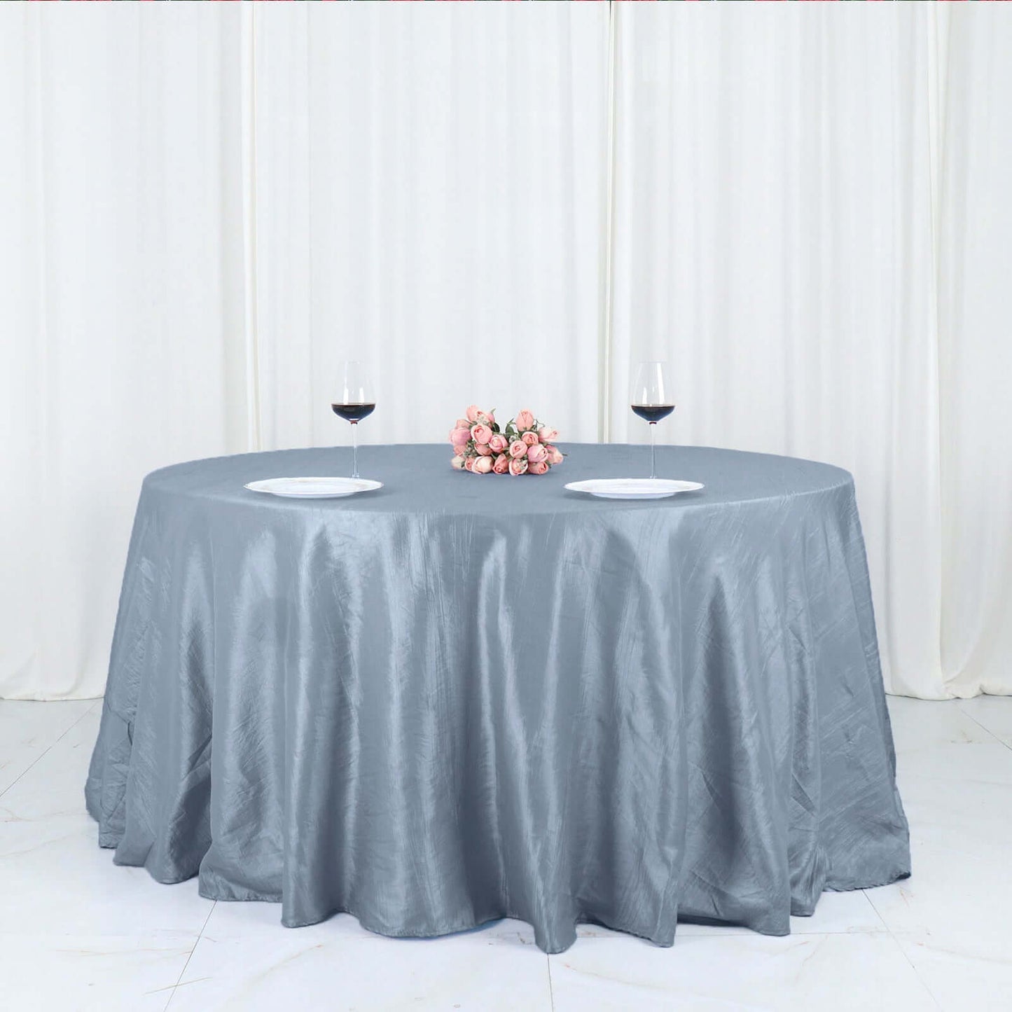 Taffeta 132" Round Tablecloth Dusty Blue - Seamless Accordion Crinkle Table Cover