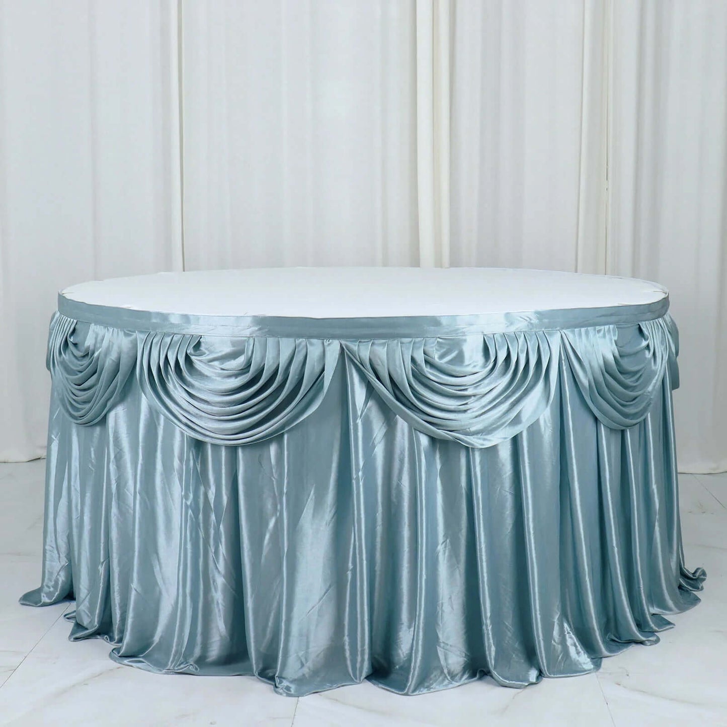 Satin 14ft Table Skirt Dusty Blue - Pleated Double Drape Table Cover