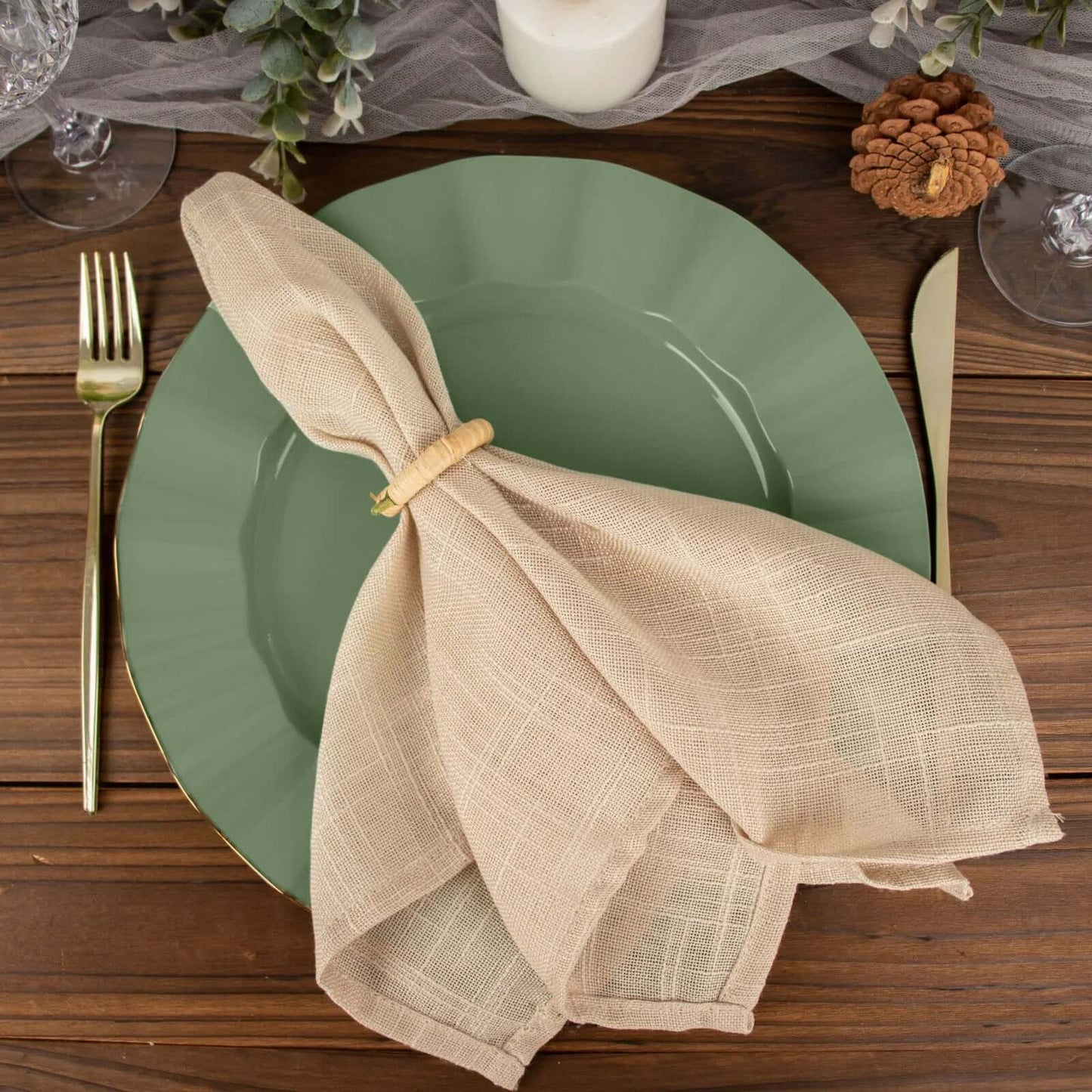 10-Pack Plastic 11" Round Dinner Plates in Dusty Sage Green Ruffled Rim with Gold Edging - Sturdy Disposable Dinnerware