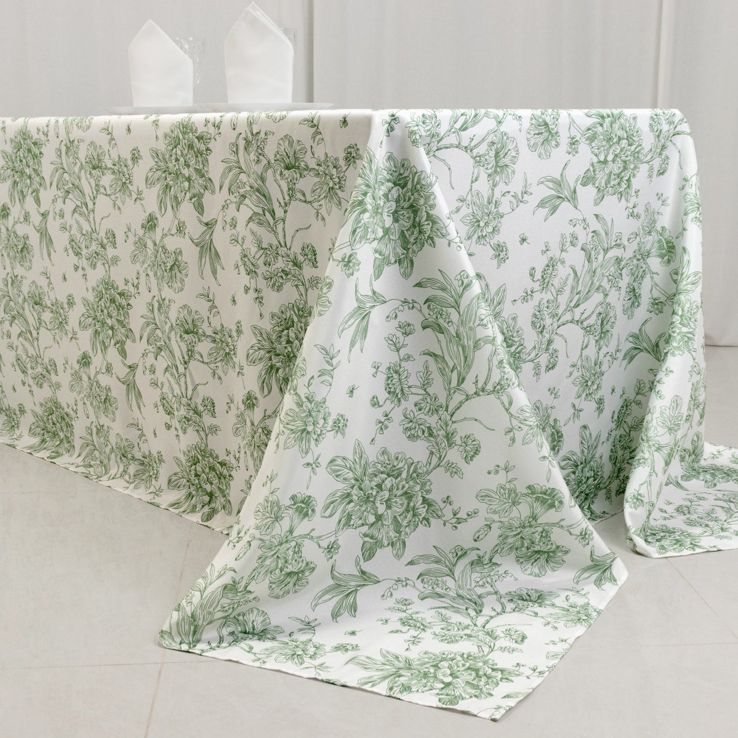 Polyester 90"x132" Rectangle Tablecloth White - Seamless Dusty Sage Green French Toile Pattern for Formal Celebrations